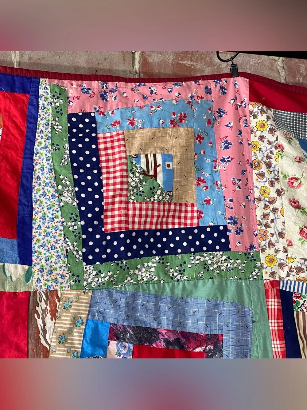 Vintage Log Cabin Tie Quilt 66” x 78” Feed Sack